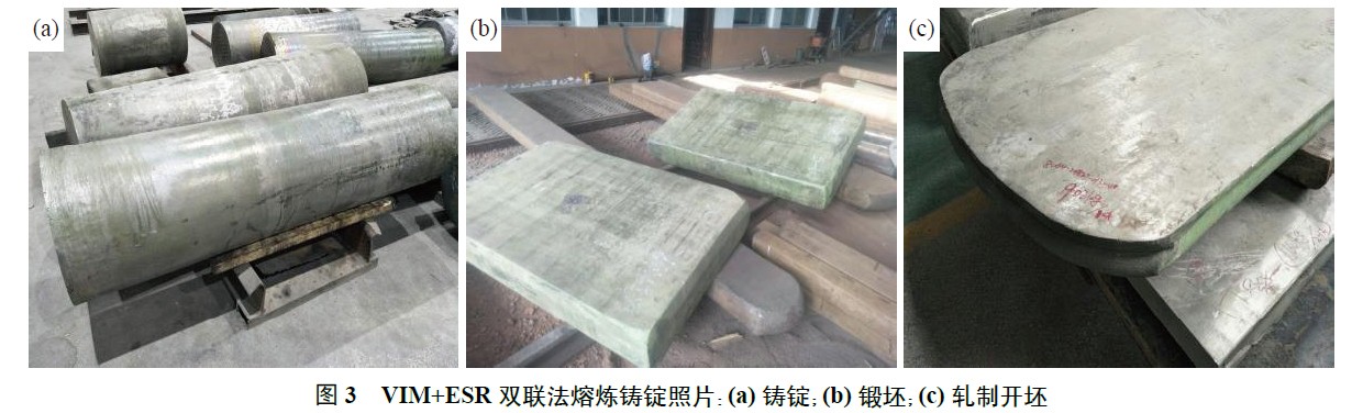 VIM+ESR 雙聯(lián)法熔煉鑄錠照片：(a) 鑄錠；(b) 鍛坯；(c) 軋制開坯
